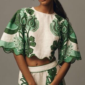 Farm Rio Color festival linen blouse - Green size Small NWT